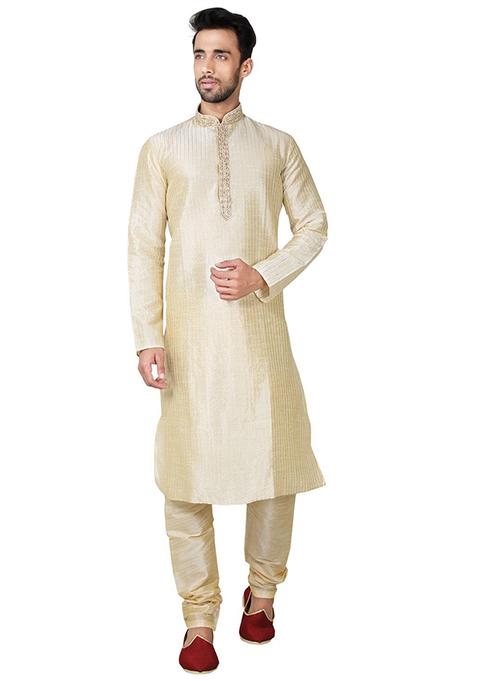 Fawn Yellow Embroidered Silk Kurta Set For Men