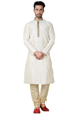 Cream Embroidered Silk Kurta Set For Men