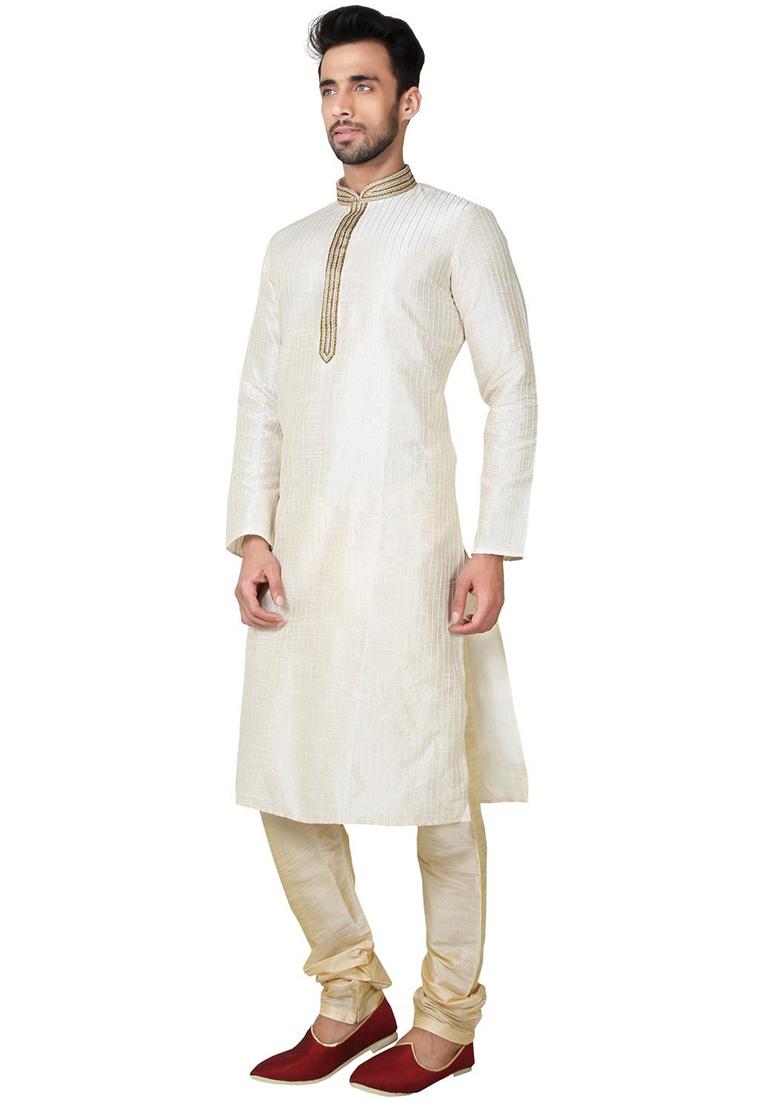 Cream Embroidered Silk Kurta Set For Men