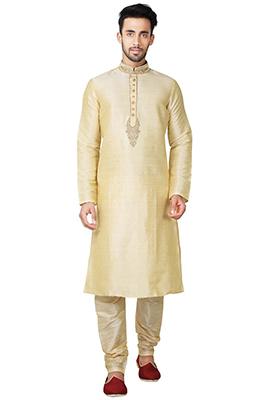 Dark Fawn Yellow Solid Silk Kurta Set For Men