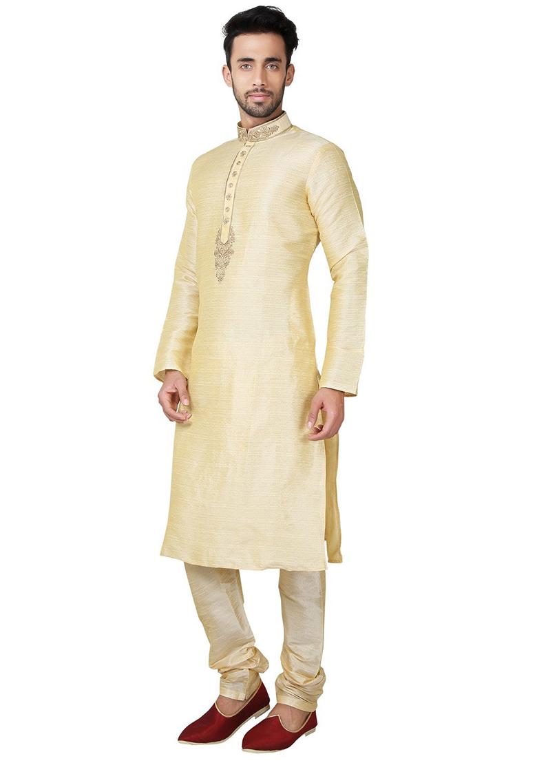 Dark Fawn Yellow Solid Silk Kurta Set For Men
