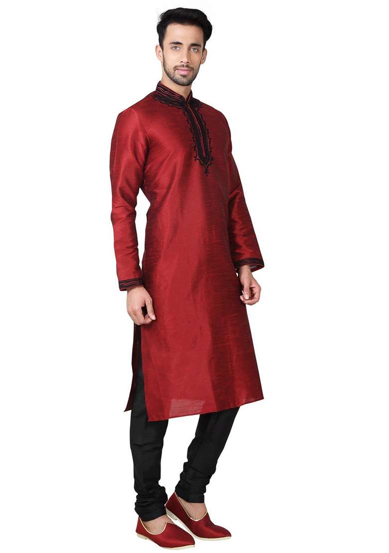 Maroon Solid Silk Blend Kurta Set For Men - Indya