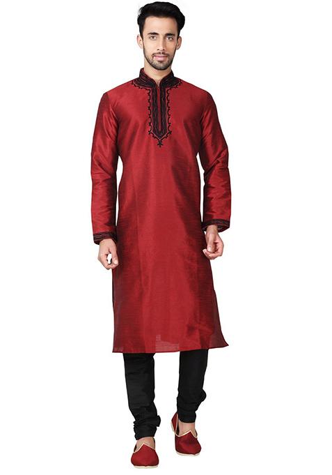 Maroon Solid Silk Kurta Set For Men