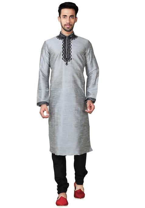 Grey Solid Silk Kurta Set For Men