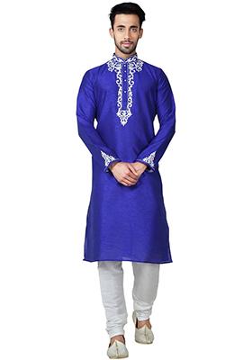 Royal Blue Solid Silk Kurta Set For Men