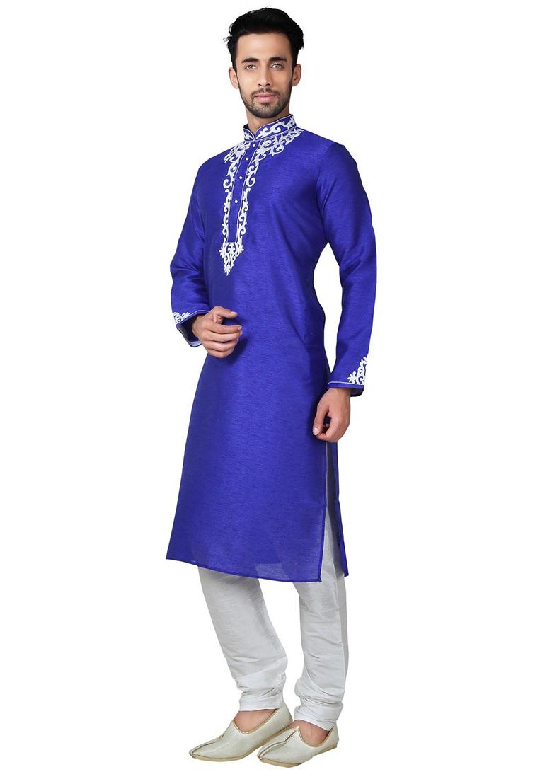 Royal Blue Solid Silk Kurta Set For Men