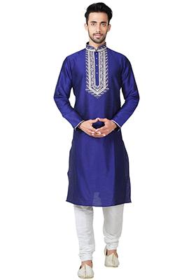 Blue Embroidered Silk Kurta Set For Men