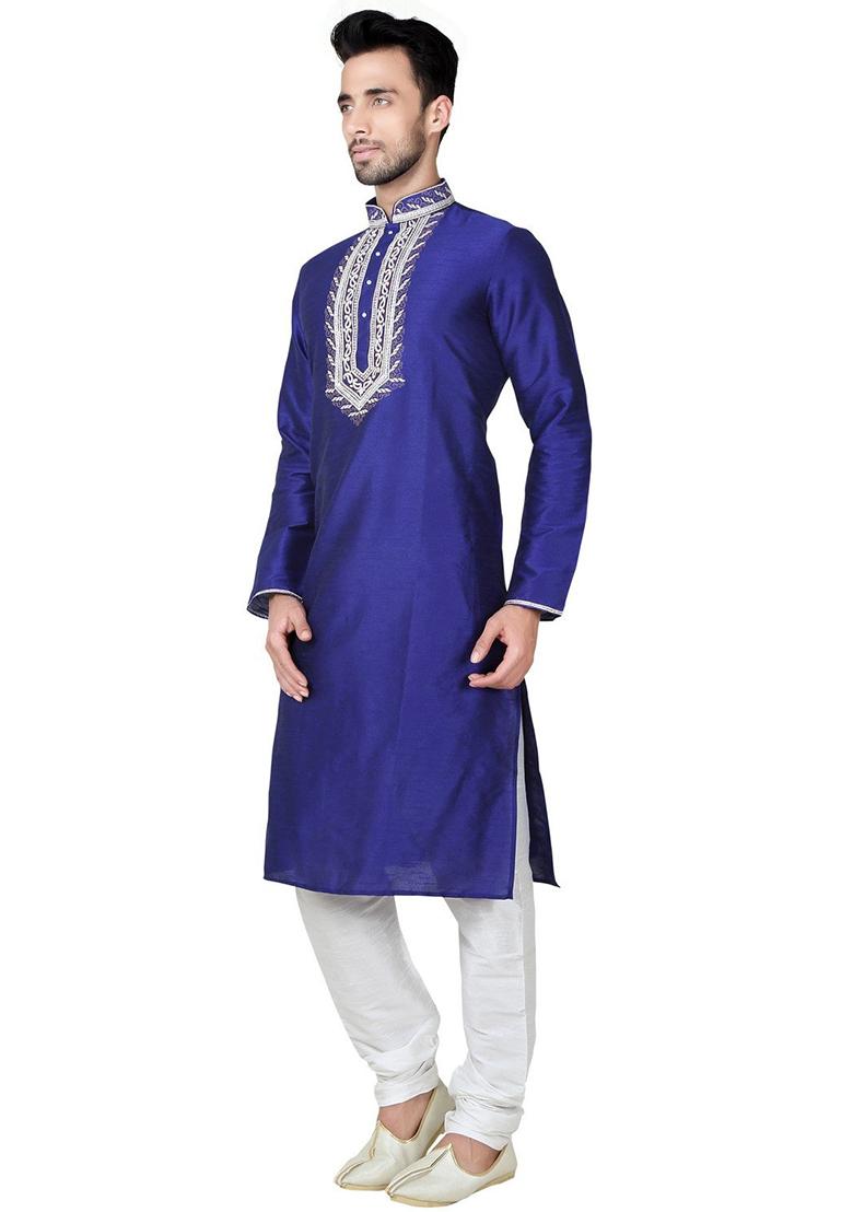 Blue Embroidered Silk Kurta Set For Men