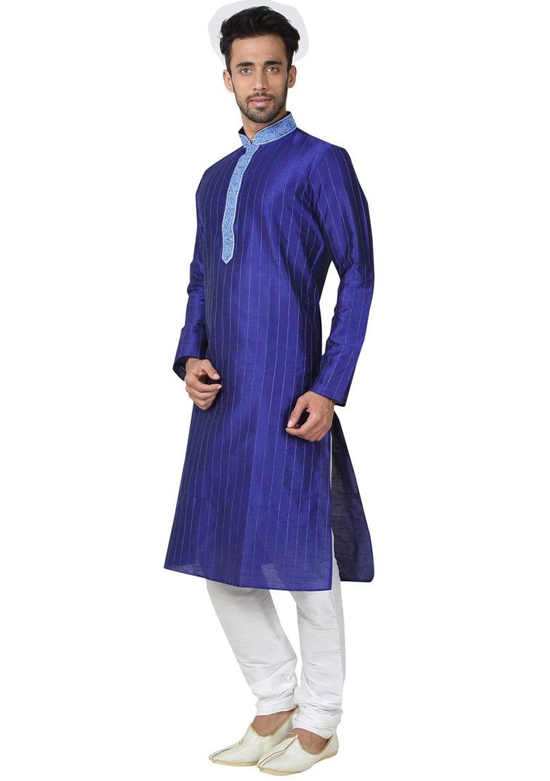 Blue Embroidered Silk Kurta Set For Men