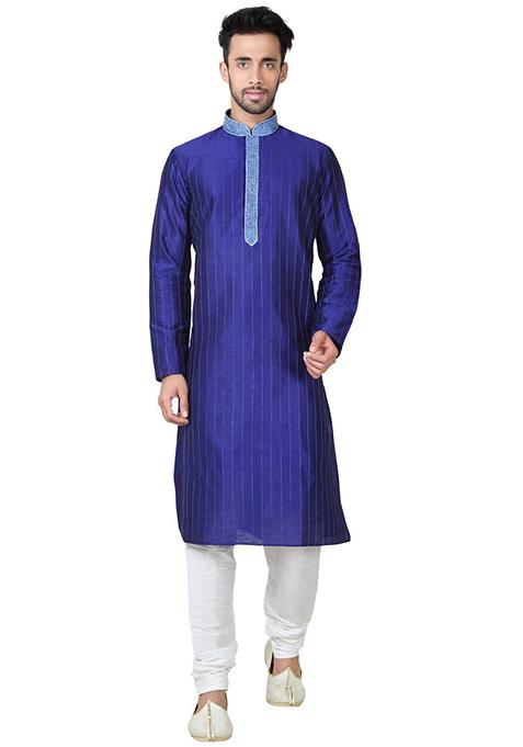 Blue Embroidered Silk Kurta Set For Men