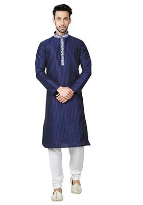 Navy Blue Embroidered Silk Kurta Set For Men