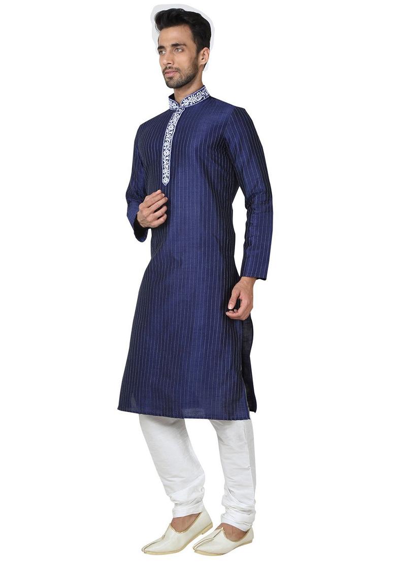 Navy Blue Embroidered Silk Kurta Set For Men