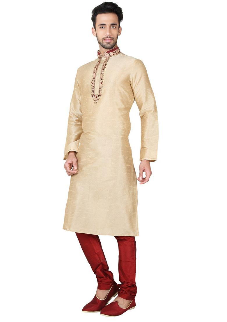 Gold Embroidered Silk Kurta Set For Men