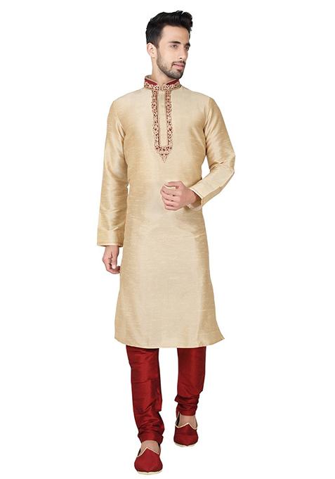 Gold Embroidered Silk Kurta Set For Men