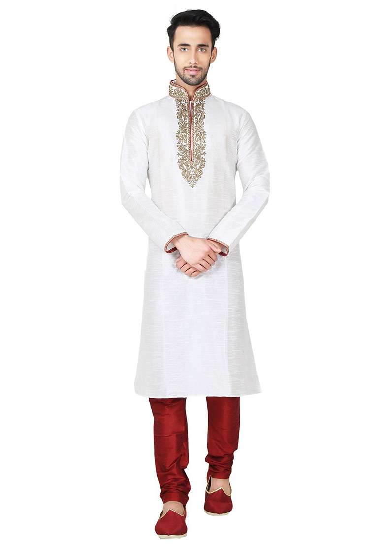 White Embroidered Silk Blend Kurta Set For Men - Indya