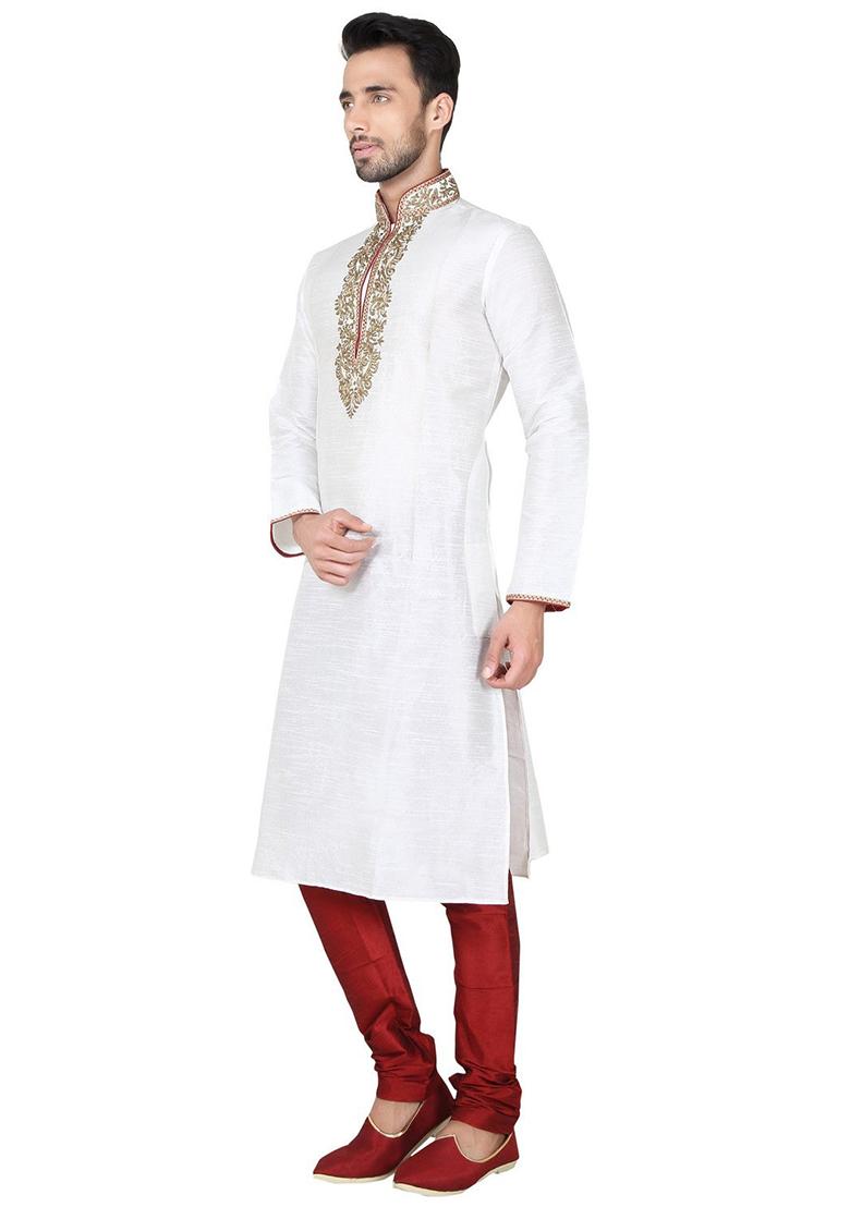 White Embroidered Silk Kurta Set For Men