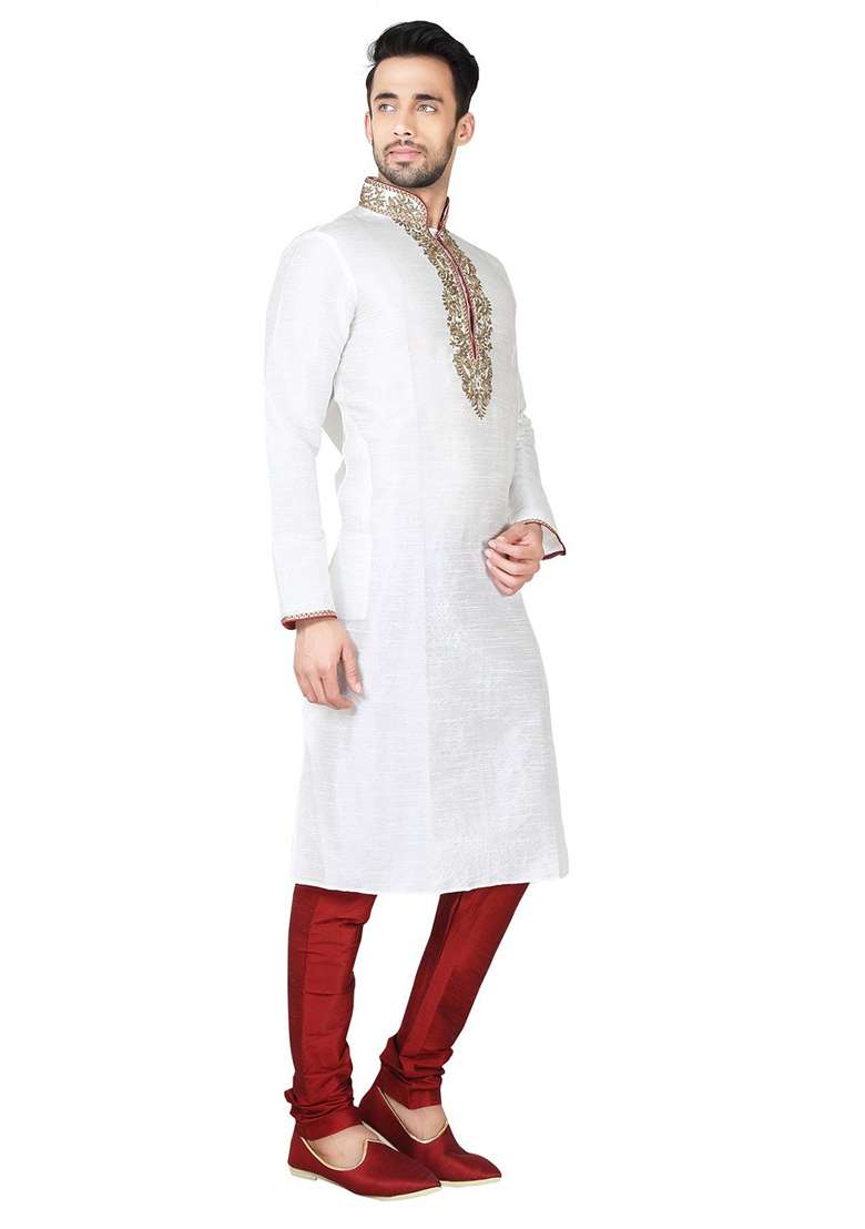 White Embroidered Silk Blend Kurta Set For Men - Indya