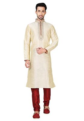 Fawn Yellow Embroidered Silk Kurta Set For Men
