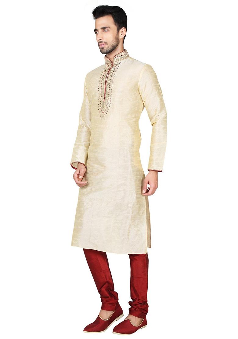 Fawn Yellow Embroidered Silk Kurta Set For Men