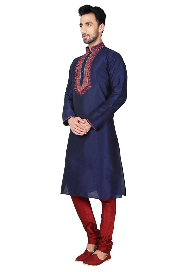 Navy Blue Embroidered Silk Kurta Set For Men