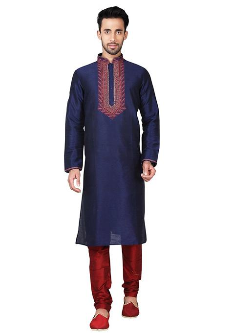 Navy Blue Embroidered Silk Kurta Set For Men