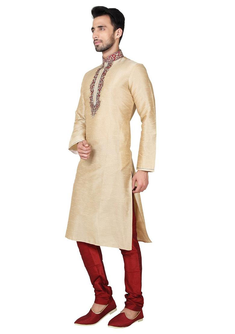 Gold Embroidered Silk Kurta Set For Men