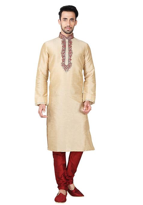Gold Embroidered Silk Kurta Set For Men