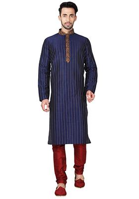 Navy Blue Embroidered Silk Kurta Set For Men