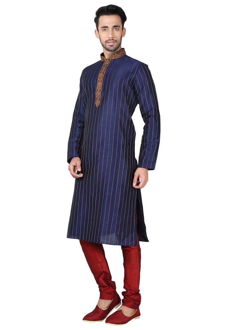 Navy Blue Embroidered Silk Kurta Set For Men