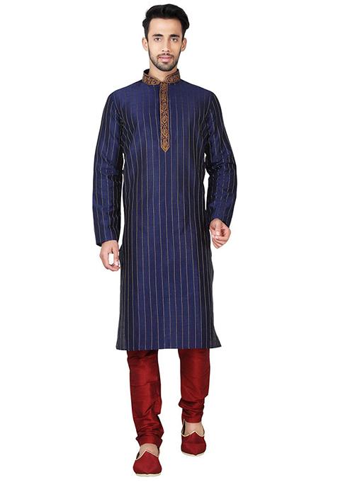 Navy Blue Embroidered Silk Kurta Set For Men