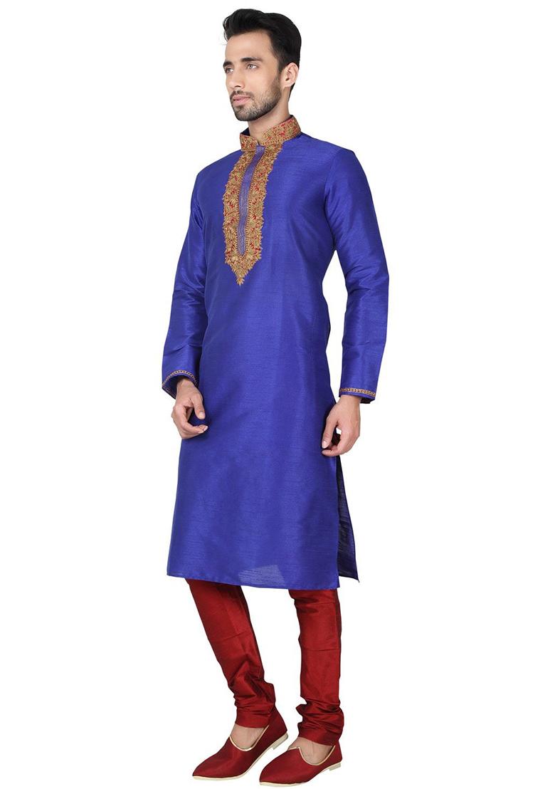 Royal Blue Embroidered Silk Kurta Set For Men