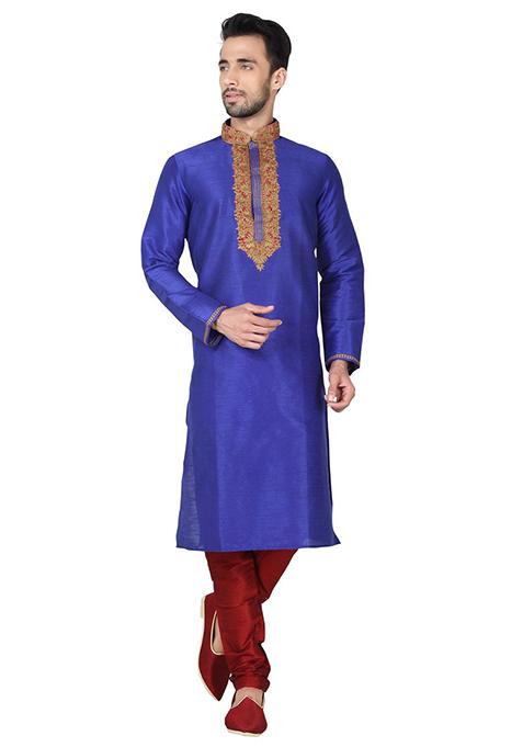Royal Blue Embroidered Silk Kurta Set For Men
