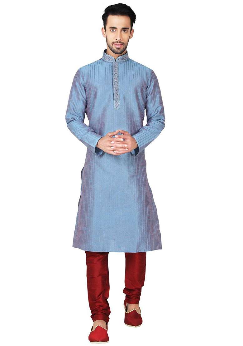 Multi Color Embroidered Silk Blend Kurta Set For Men - Indya
