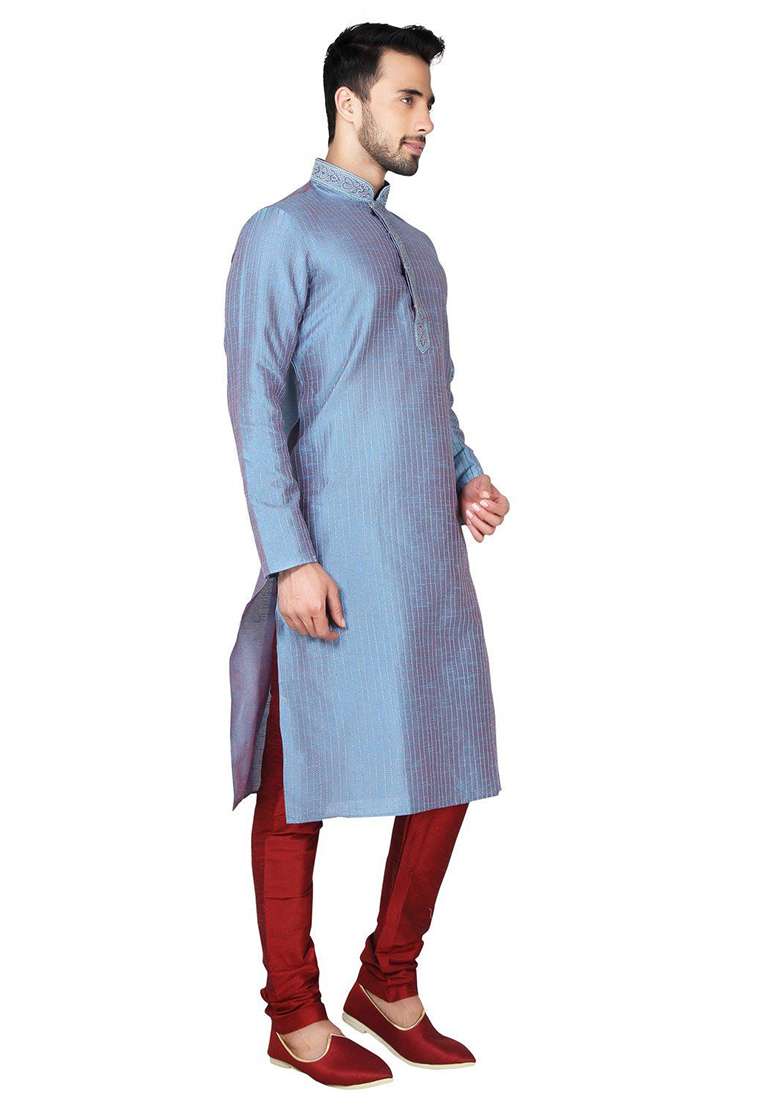 Multi Color Embroidered Silk Blend Kurta Set For Men - Indya
