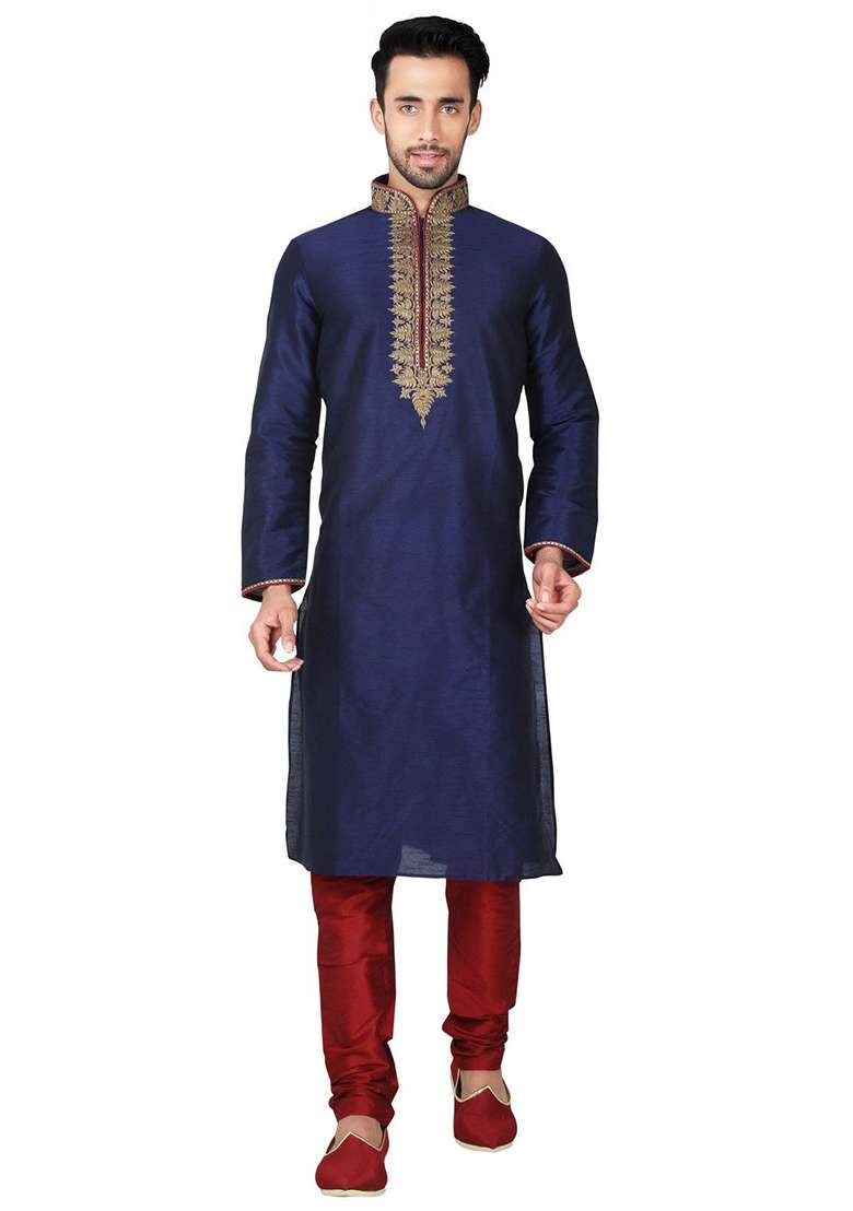 Navy Blue Solid Silk Blend Kurta Set For Men - Indya