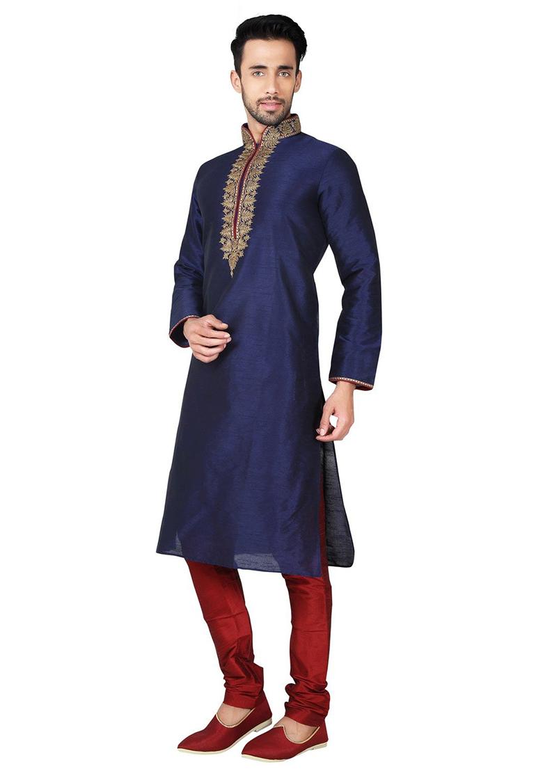 Navy Blue Solid Silk Kurta Set For Men