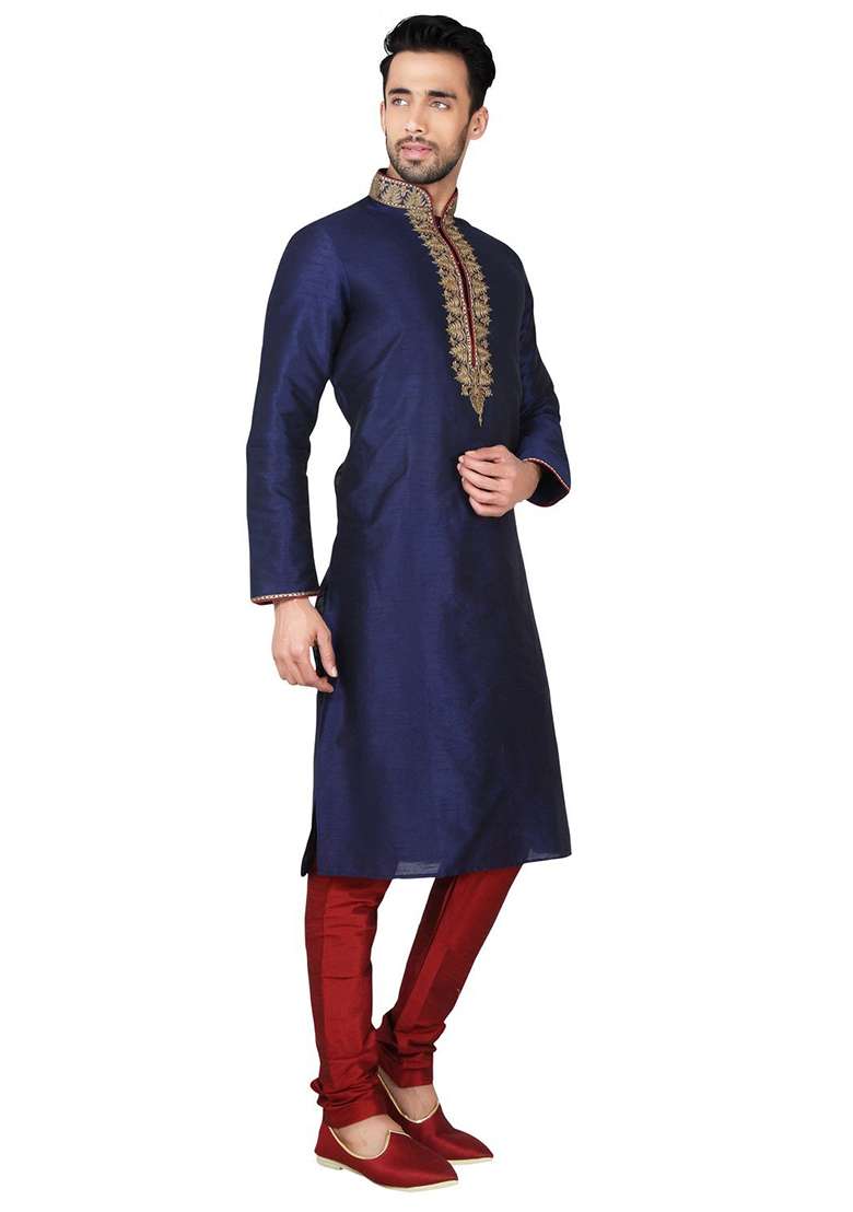 Navy Blue Solid Silk Blend Kurta Set For Men - Indya