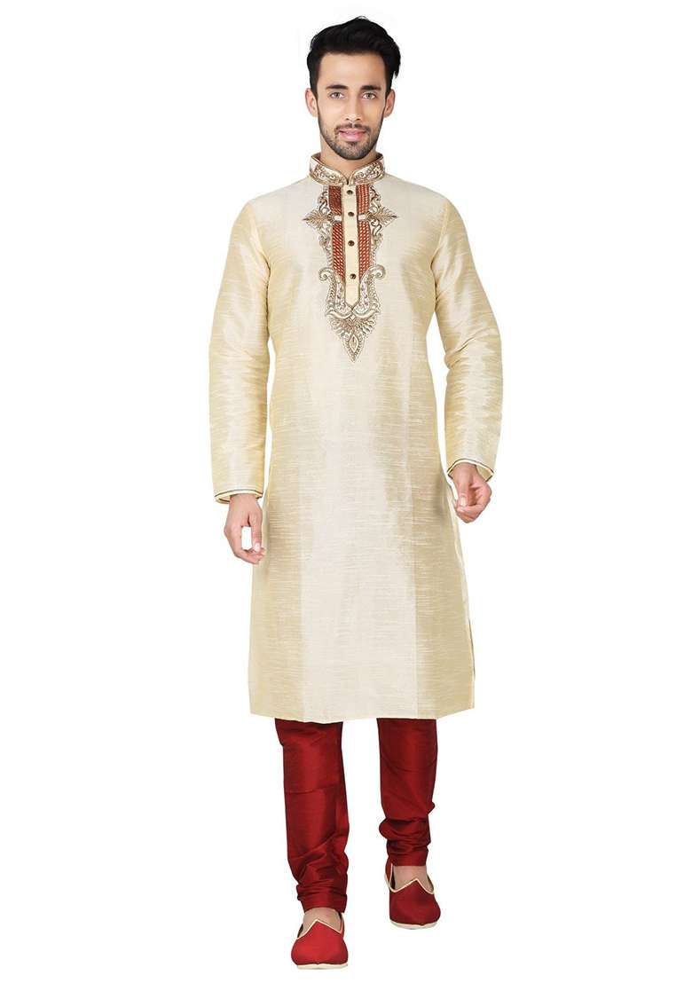 Fawn Yellow Embroidered Silk Blend Kurta Set For Men - Indya