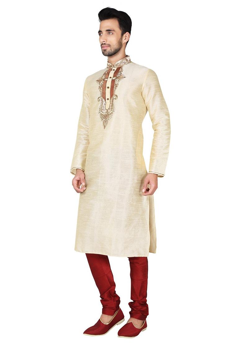 Fawn Yellow Embroidered Silk Kurta Set For Men