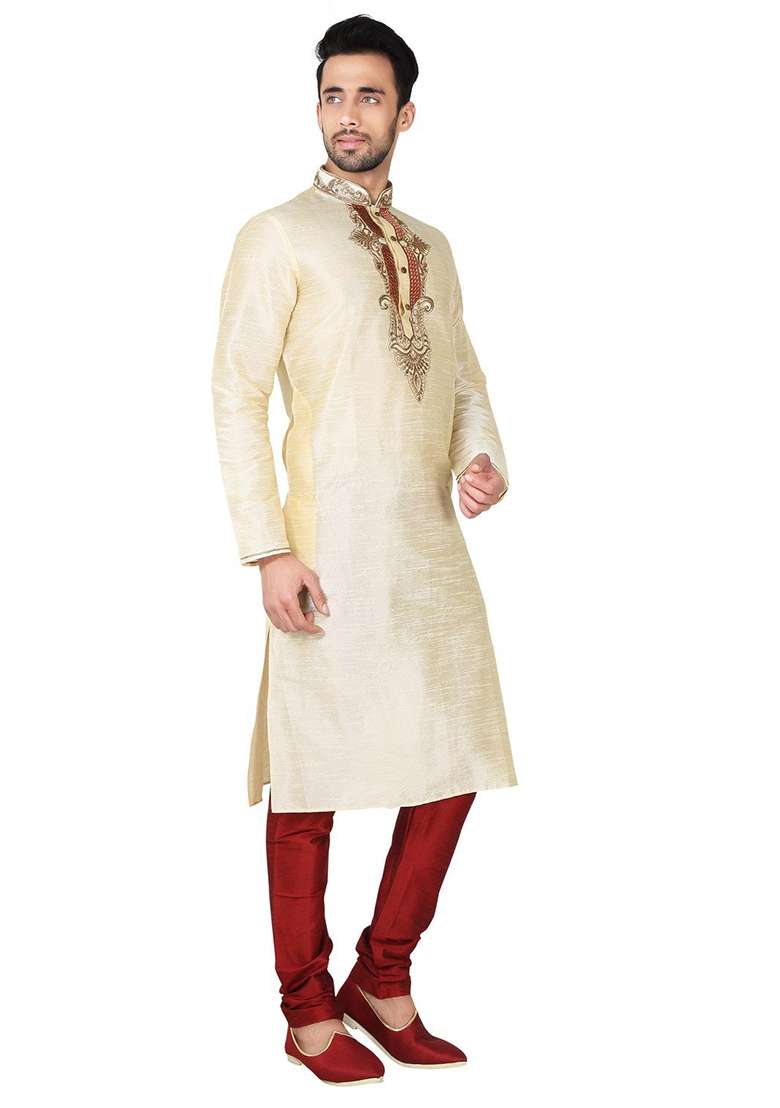 Fawn Yellow Embroidered Silk Blend Kurta Set For Men - Indya