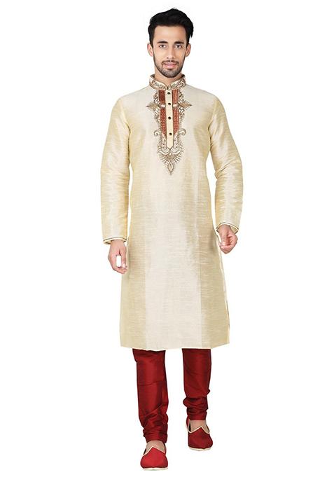 Fawn Yellow Embroidered Silk Kurta Set For Men