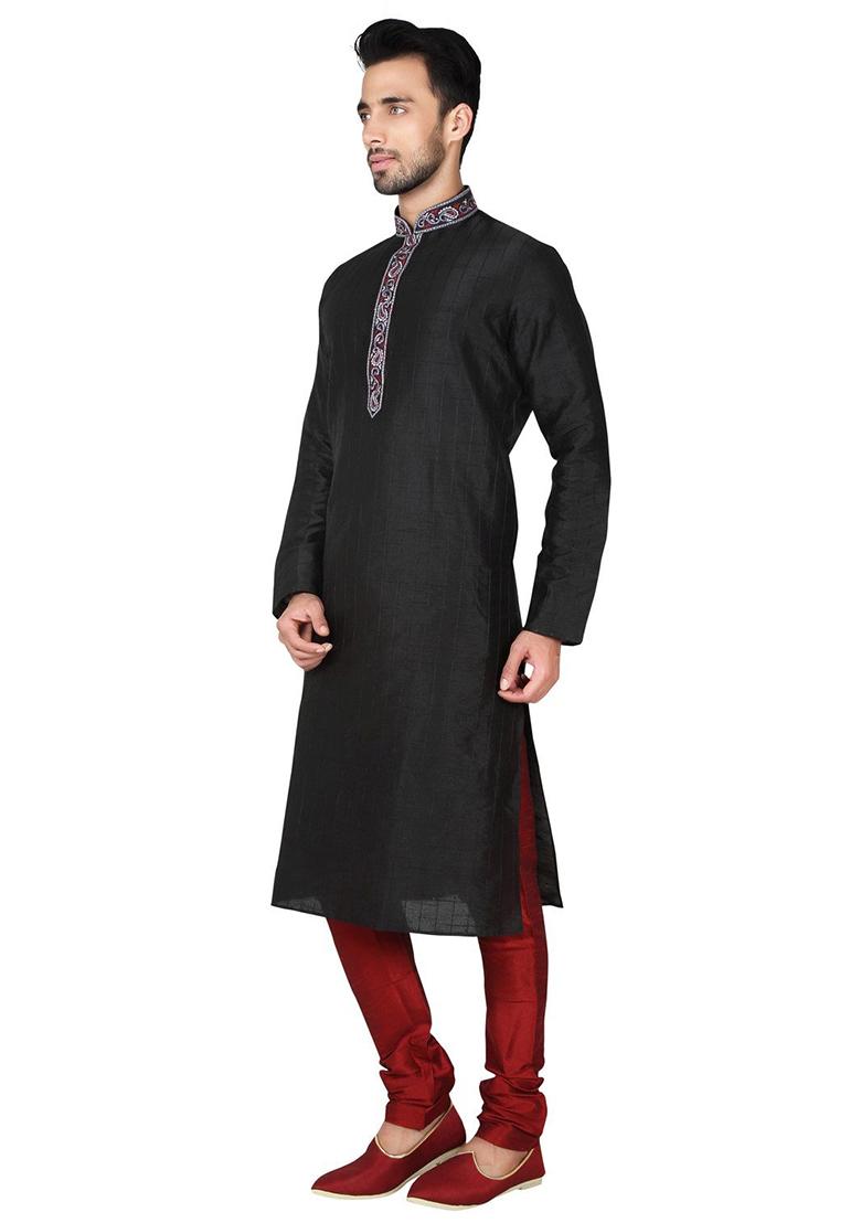 Black Embroidered Silk Kurta Set For Men