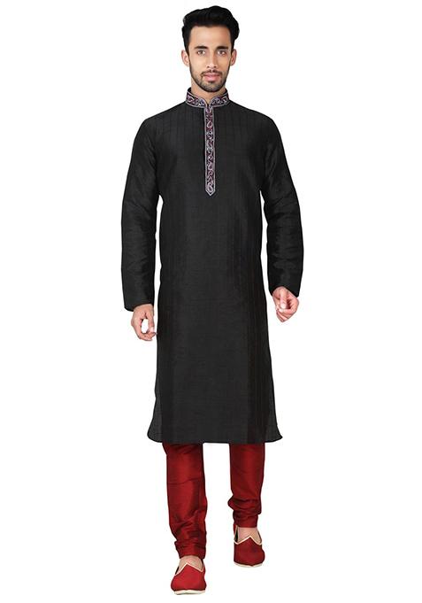 Black Embroidered Silk Kurta Set For Men