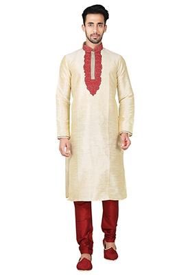 Fawn Yellow Solid Silk Kurta Set For Men