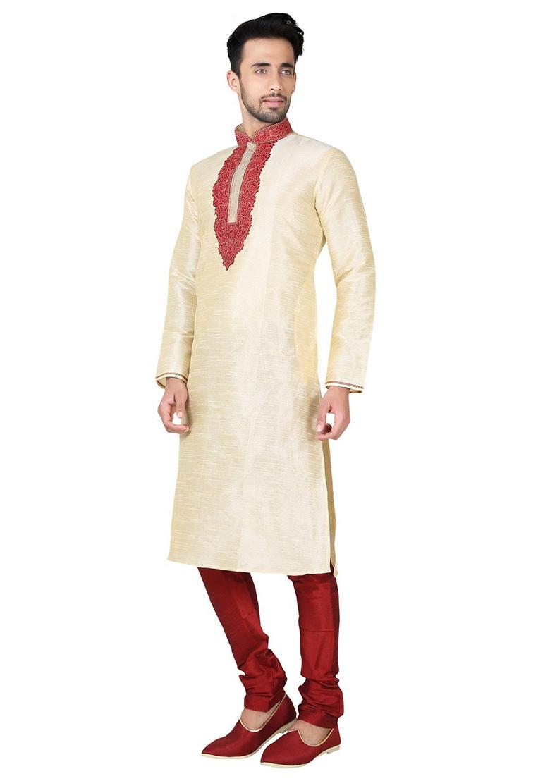 Fawn Yellow Solid Silk Kurta Set For Men