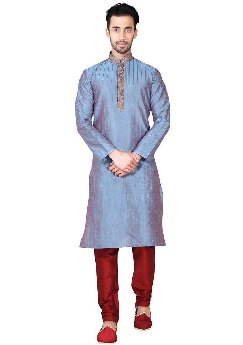 Multi Color Embroidered Silk Blend Kurta Set For Men - Indya