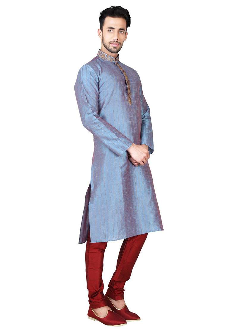 Multi Color Embroidered Silk Blend Kurta Set For Men - Indya