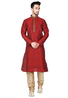 Maroon Embroidered Silk Kurta Set For Men