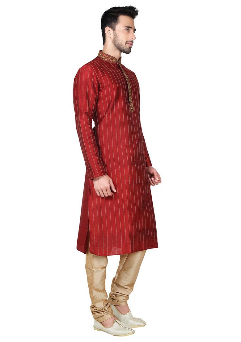 Maroon Embroidered Silk Kurta Set For Men