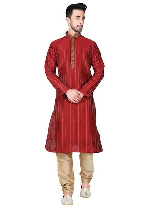Maroon Embroidered Silk Kurta Set For Men
